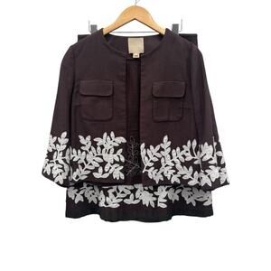 Magaschoni 2-Piece Skirt Suit Brown White Leaf Appliqué - Skirt 8 Jacket 10
